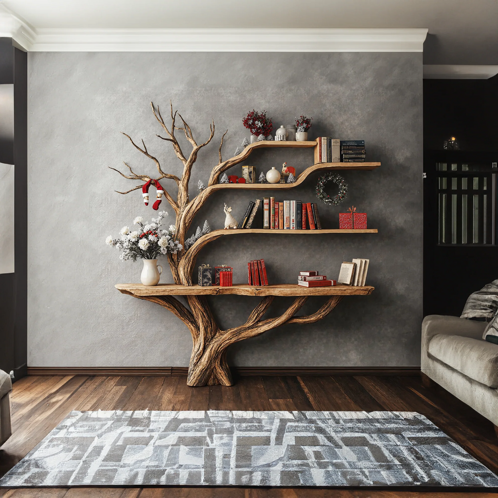 Narrow Floating Live Edge Side Table With Tree Bookshelf For Living Room - view 2 of 5
