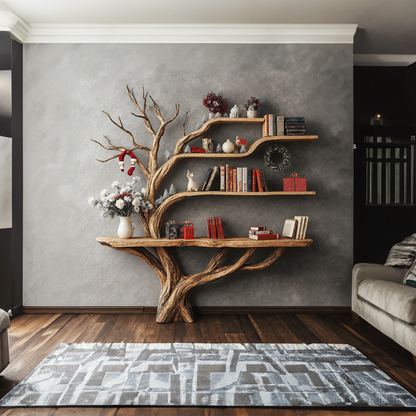 Narrow Floating Live Edge Side Table With Tree Bookshelf For Living Room - view 2 of 5