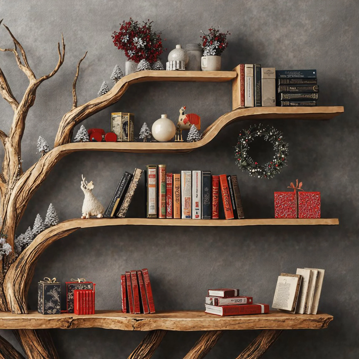 Narrow Floating Live Edge Side Table With Tree Bookshelf For Living Room - view 4 of 5