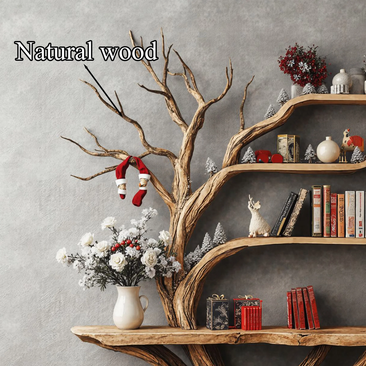 Narrow Floating Live Edge Side Table With Tree Bookshelf For Living Room - view 3 of 5