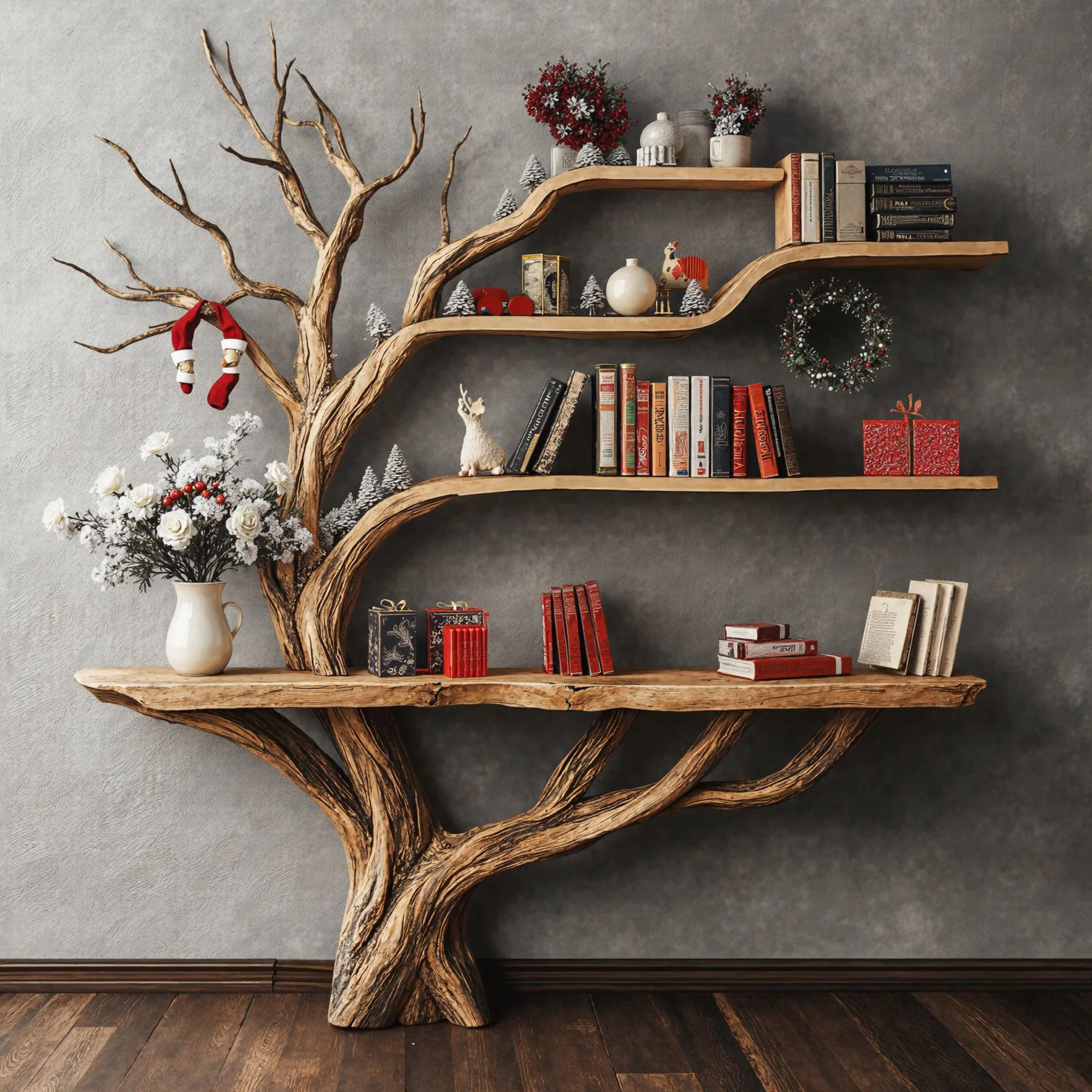 Narrow Floating Live Edge Side Table With Tree Bookshelf For Living Room - view 1 of 5