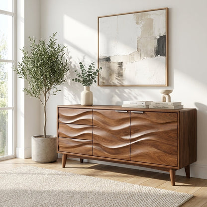 Solid Wood Console Table with Sculptural Wave Front Doors and Modern Storage Design - view 1 of 9