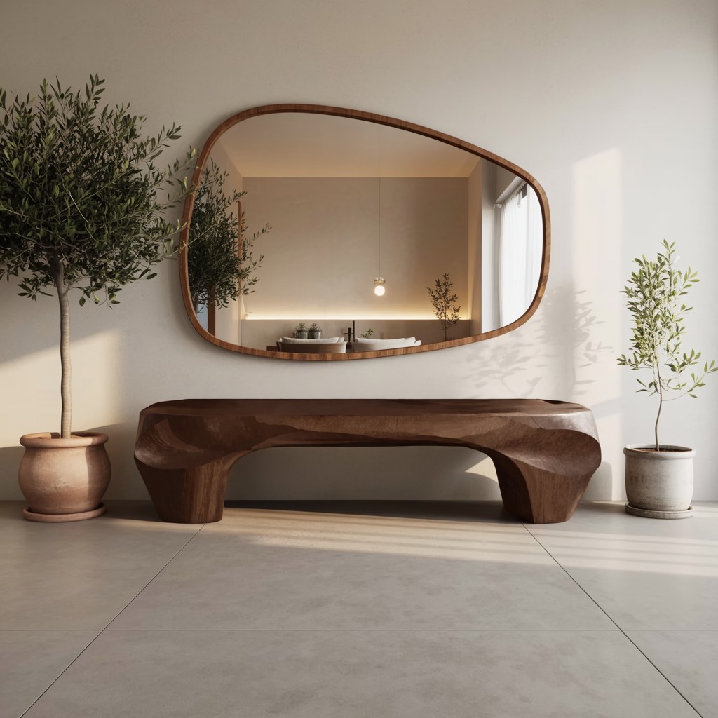 Modern Sculptural Bench And Wall Mirror For Entryway - view 2 of 8