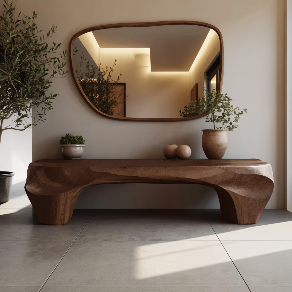Modern Sculptural Bench And Wall Mirror For Entryway - view 3 of 8