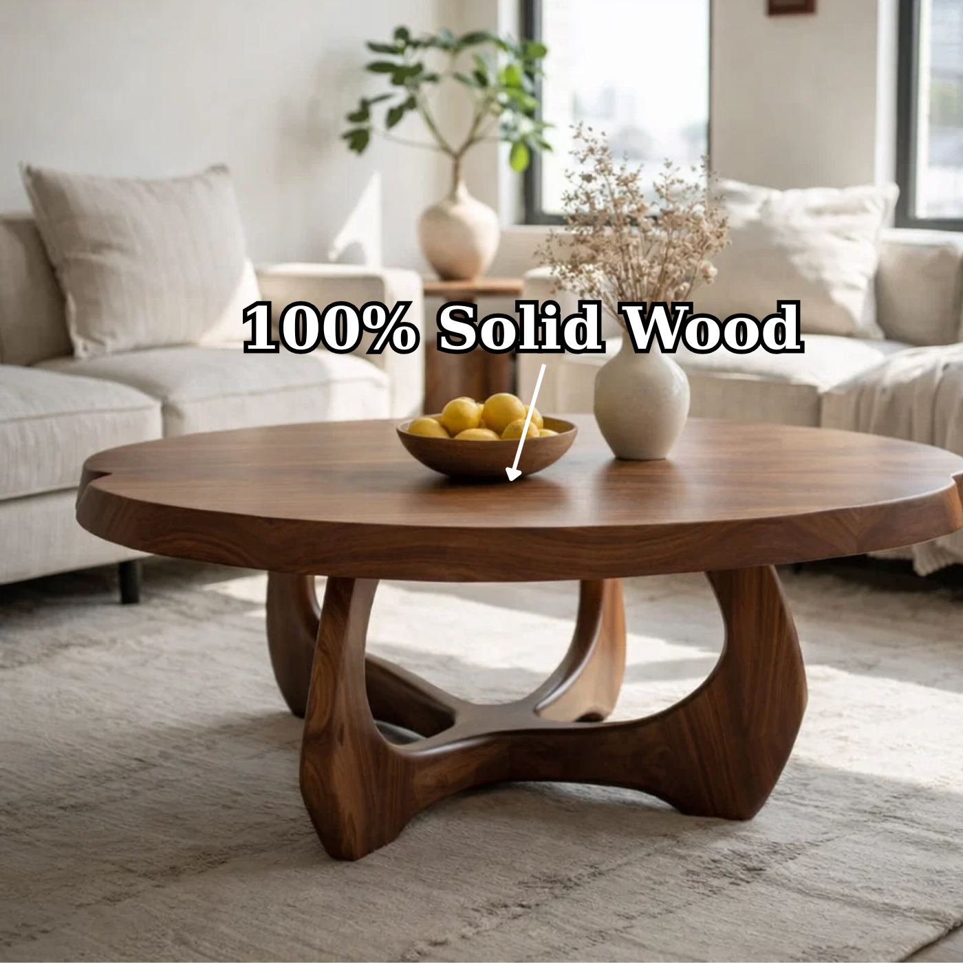 Modern Round Solid Wood Coffee Table with Sculptural Pedestal Base - view 8 of 9