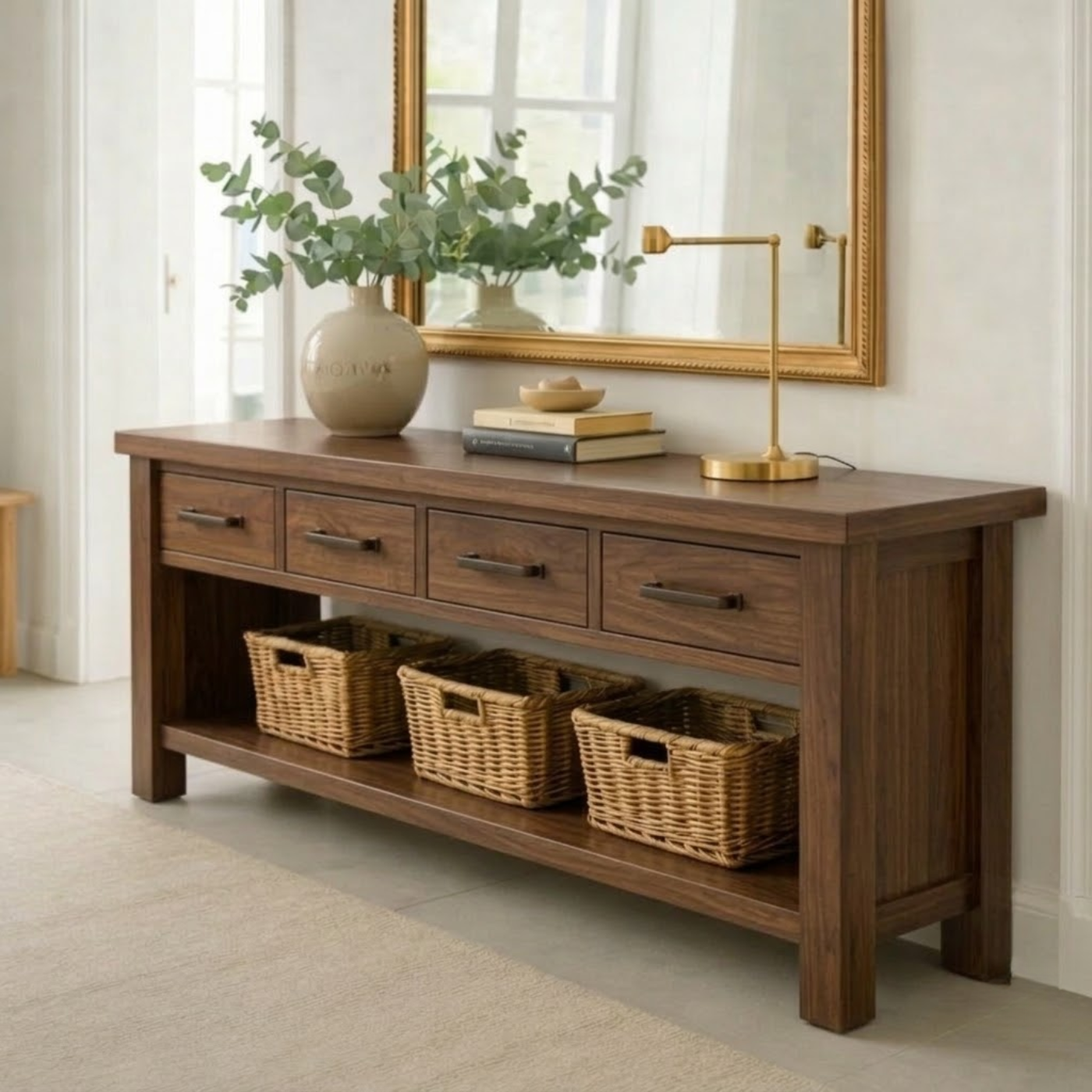 Solid Wood Console Table for Entryway with 4 Drawers and Open Shelf - view 3 of 9