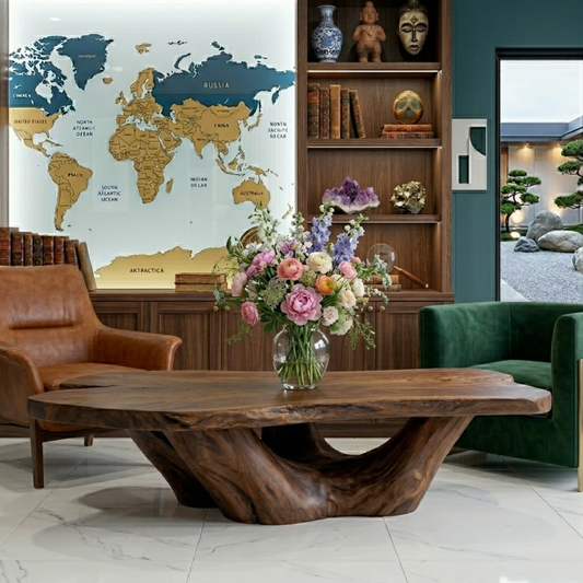 Solid Wood Live Edge Coffee Table with Sculptural Base – Rustic Organic Living Room Table - view 1 of 8