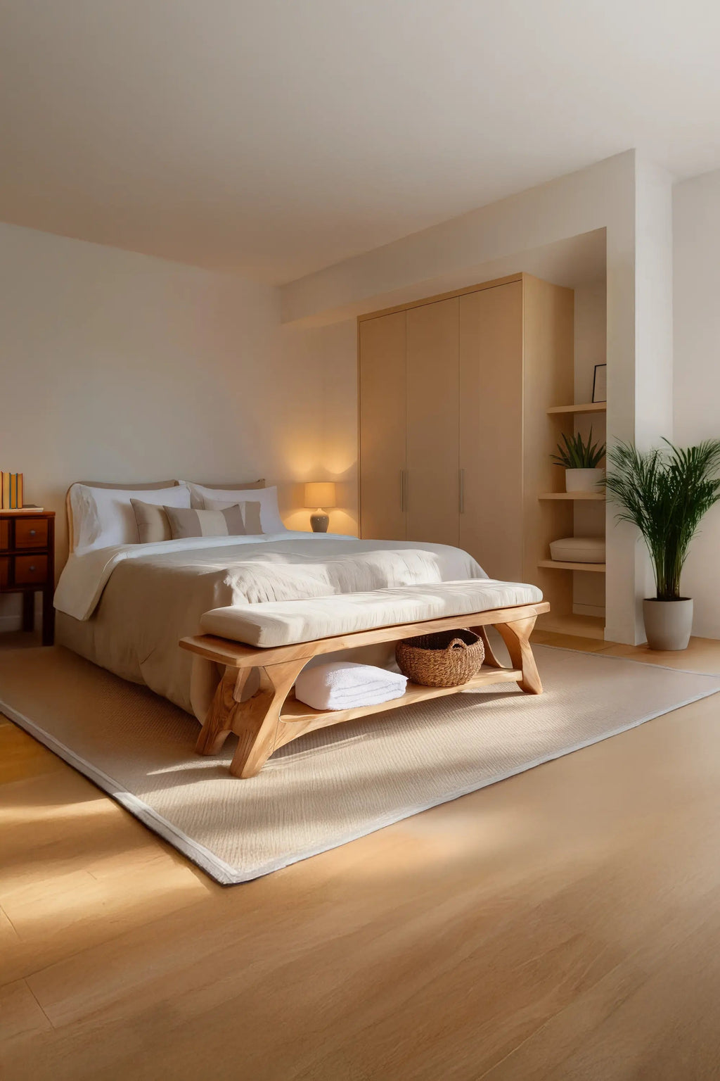 Modern Sculpted Wood Bench For Bedroom Interior Styling - view 2 of 7
