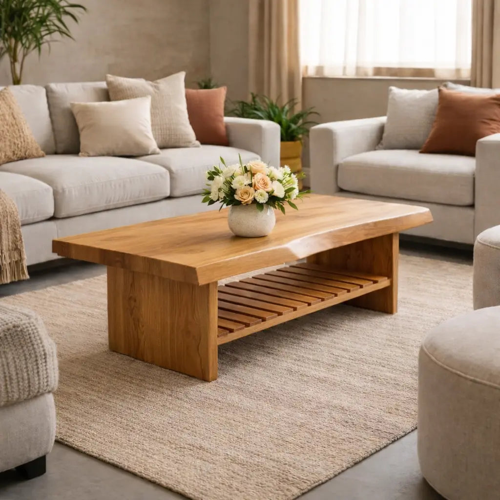 Live Edge Walnut Coffee Table with Slatted Shelf, Natural Modern Design for Living Room - view 3 of 9