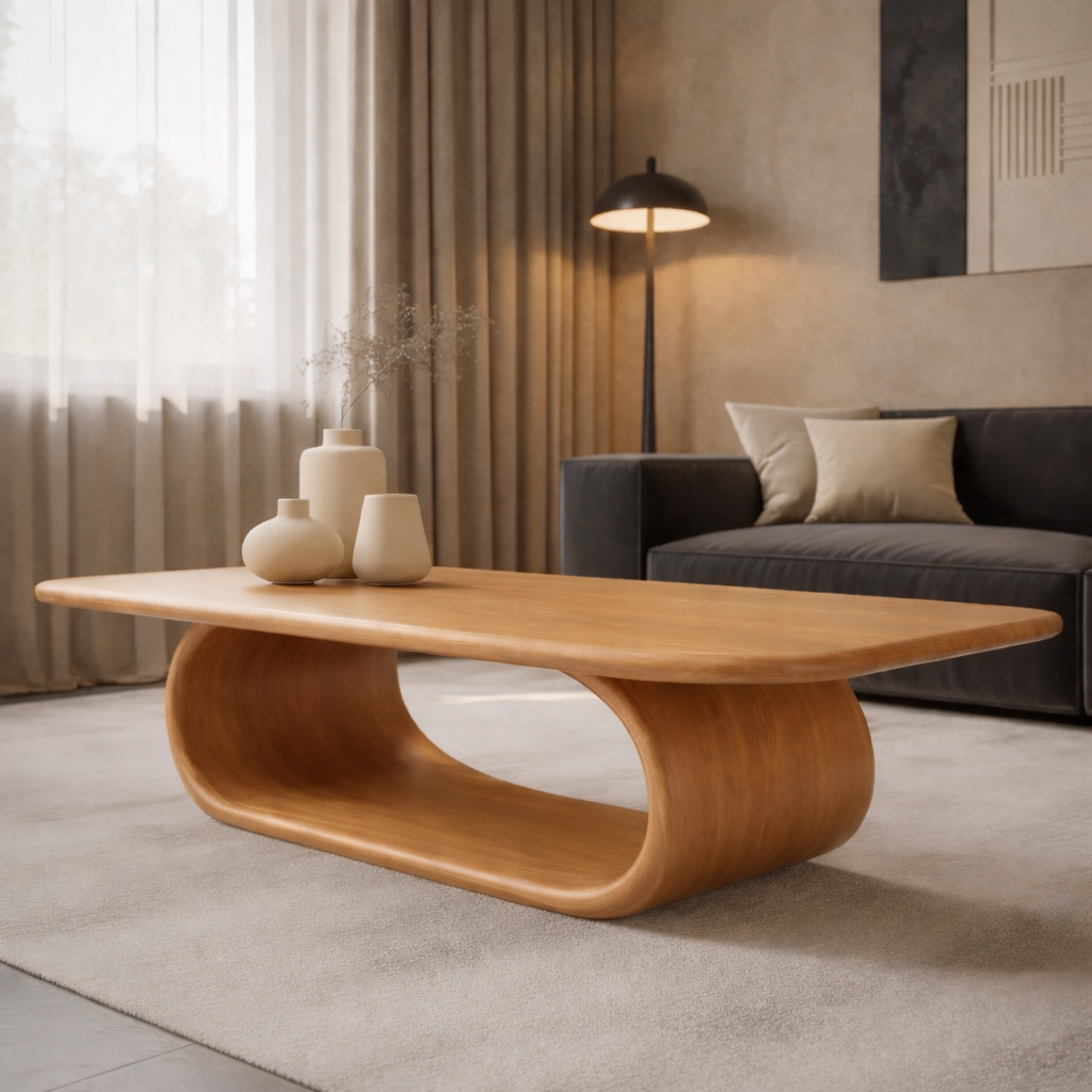 Sculptural Walnut Coffee Table with Curved Design and Open Shelf, Modern Living Room Décor - view 5 of 9