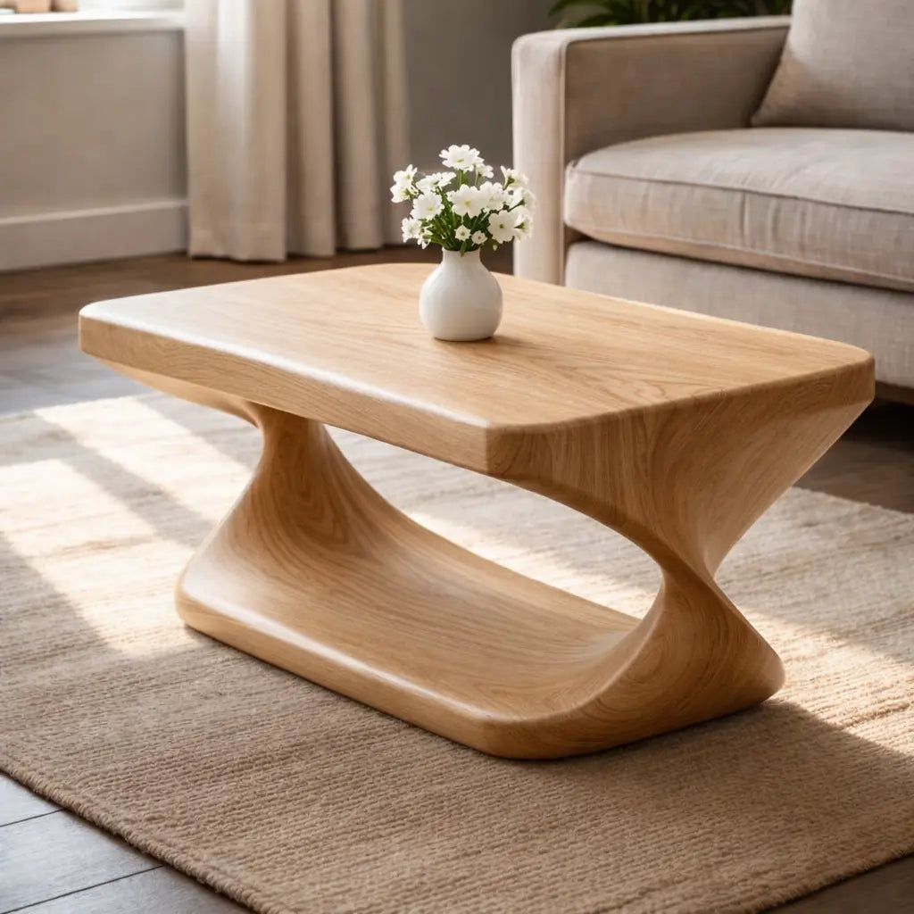 Modern Solid Wood Coffee Table with Sculptural Curved Base and Rectangular Wood Top - view 4 of 9
