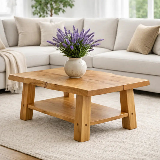 Solid Wood Coffee Table with Storage Shelf Rustic Wooden Living Room Table - view 1 of 9