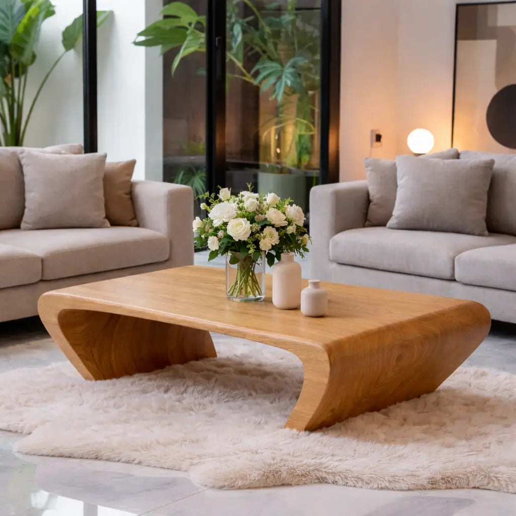 Modern Solid Wood Coffee Table with Sculptural Curved Base Minimalist Living Room Table - view 1 of 9