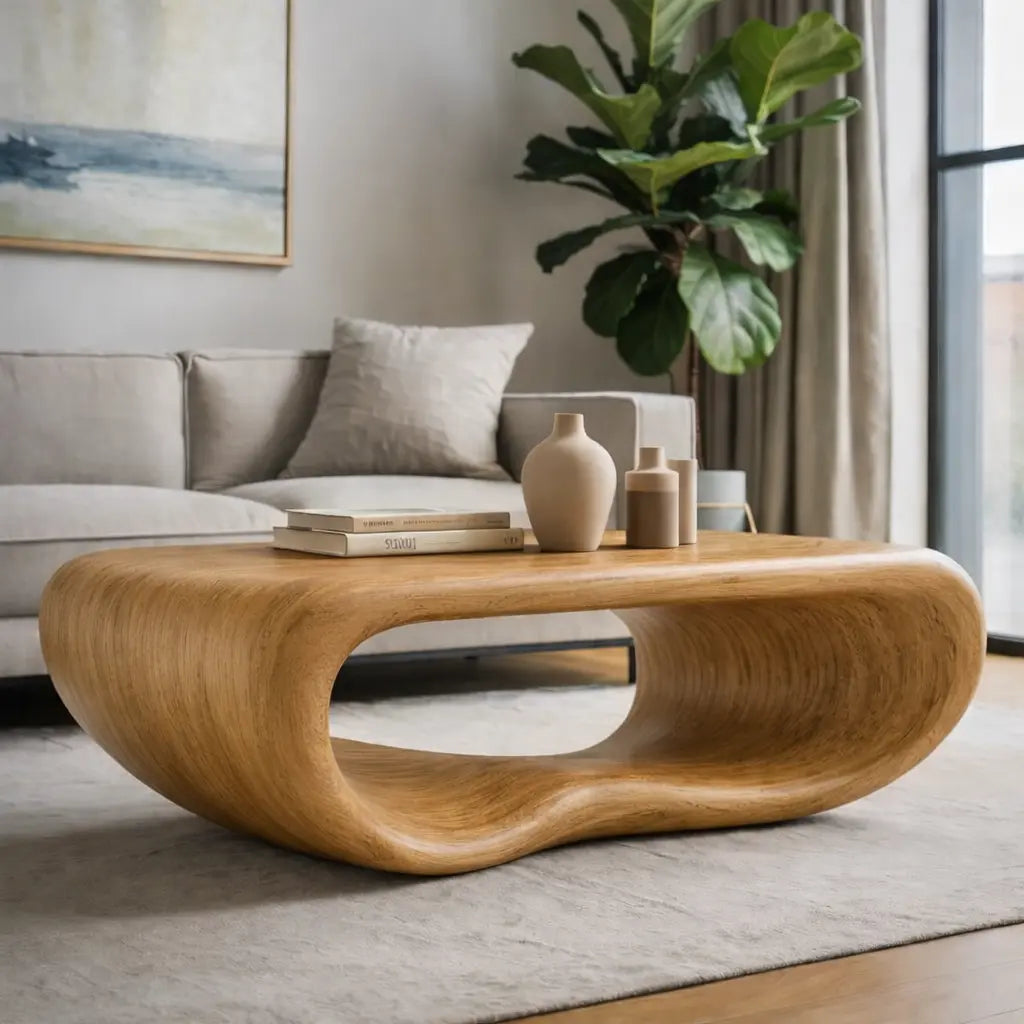 Modern Solid Wood Coffee Table with Sculptural Curved Design Minimalist Living Room Table - view 1 of 9