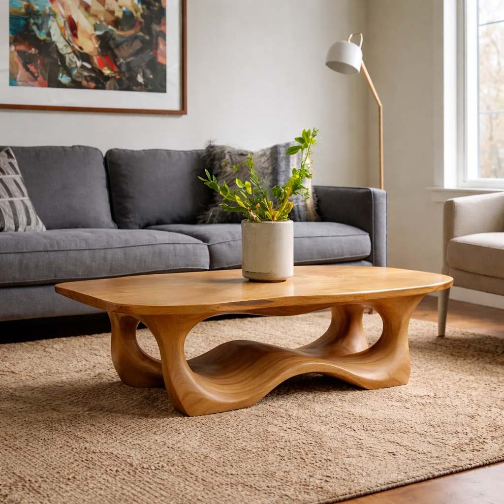 Solid Wood Coffee Table with Sculptural Base and Organic Curved Design - view 1 of 9