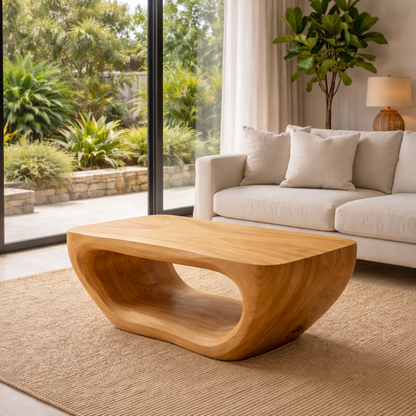 Solid Wood Coffee Table with Sculptural Hollow Base and Smooth Curved Design - view 1 of 9