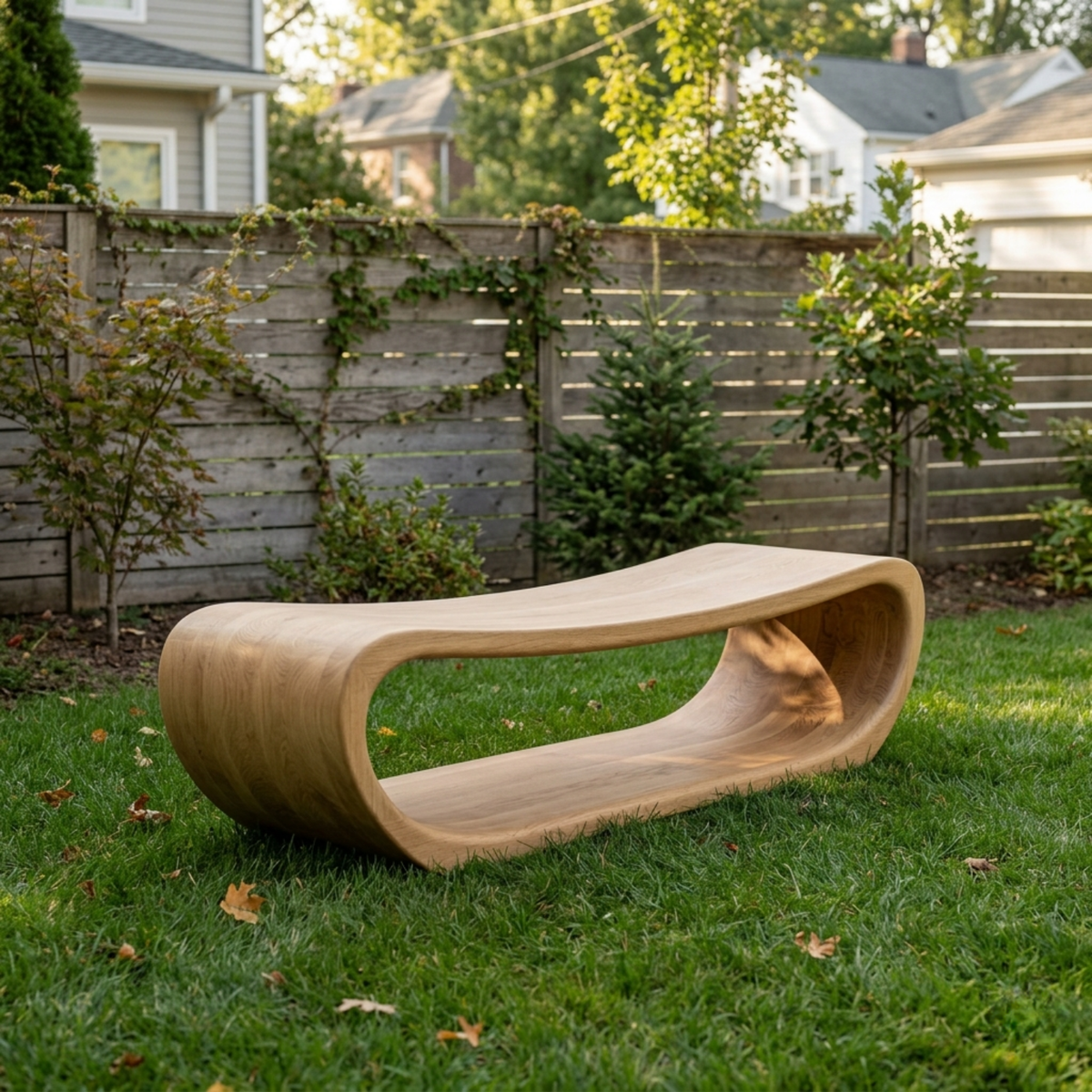 Solid Wood Outdoor Bench Curved Hollow Design with Sculptural Loop Base - view 4 of 8
