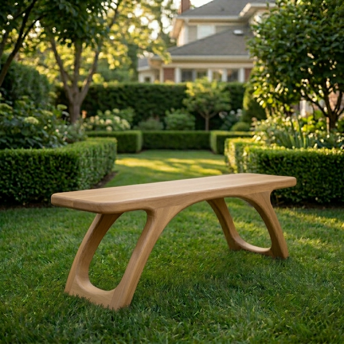 Solid Wood Outdoor Bench with Sculptural Cut-Out Legs and Organic Curved Frame - view 2 of 7
