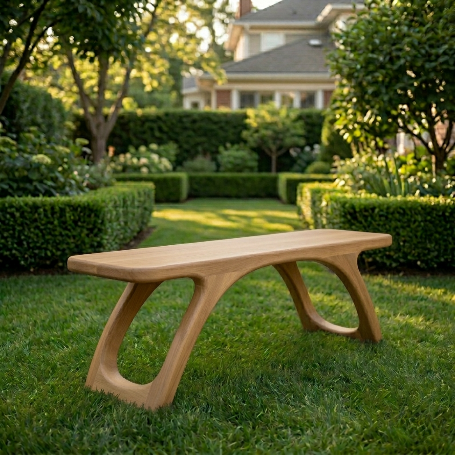 Solid Wood Outdoor Bench with Sculptural Cut-Out Legs and Organic Curved Frame - view 2 of 7