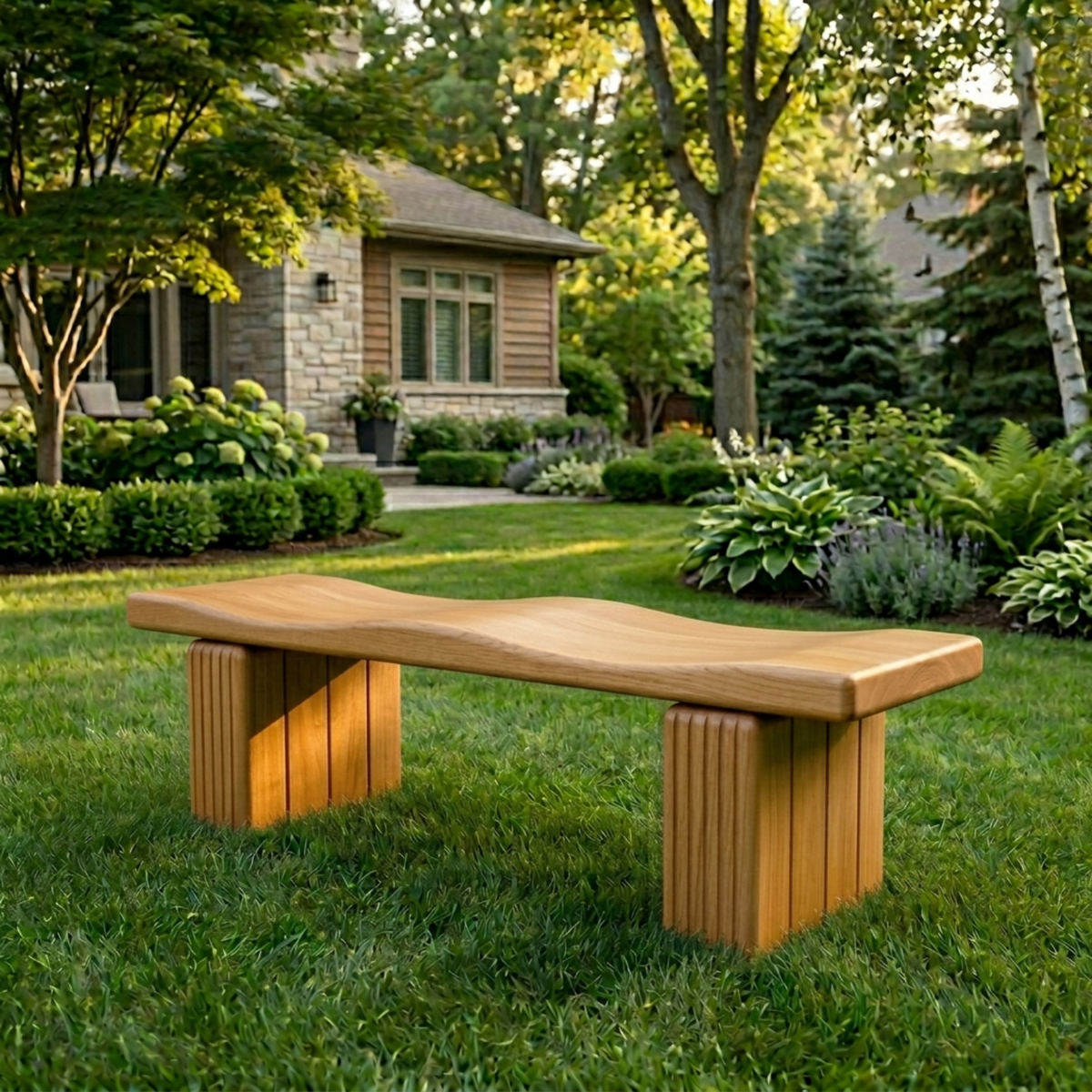 Solid Wood Outdoor Bench with Sculpted Wave Seat and Fluted Block Legs - view 3 of 7