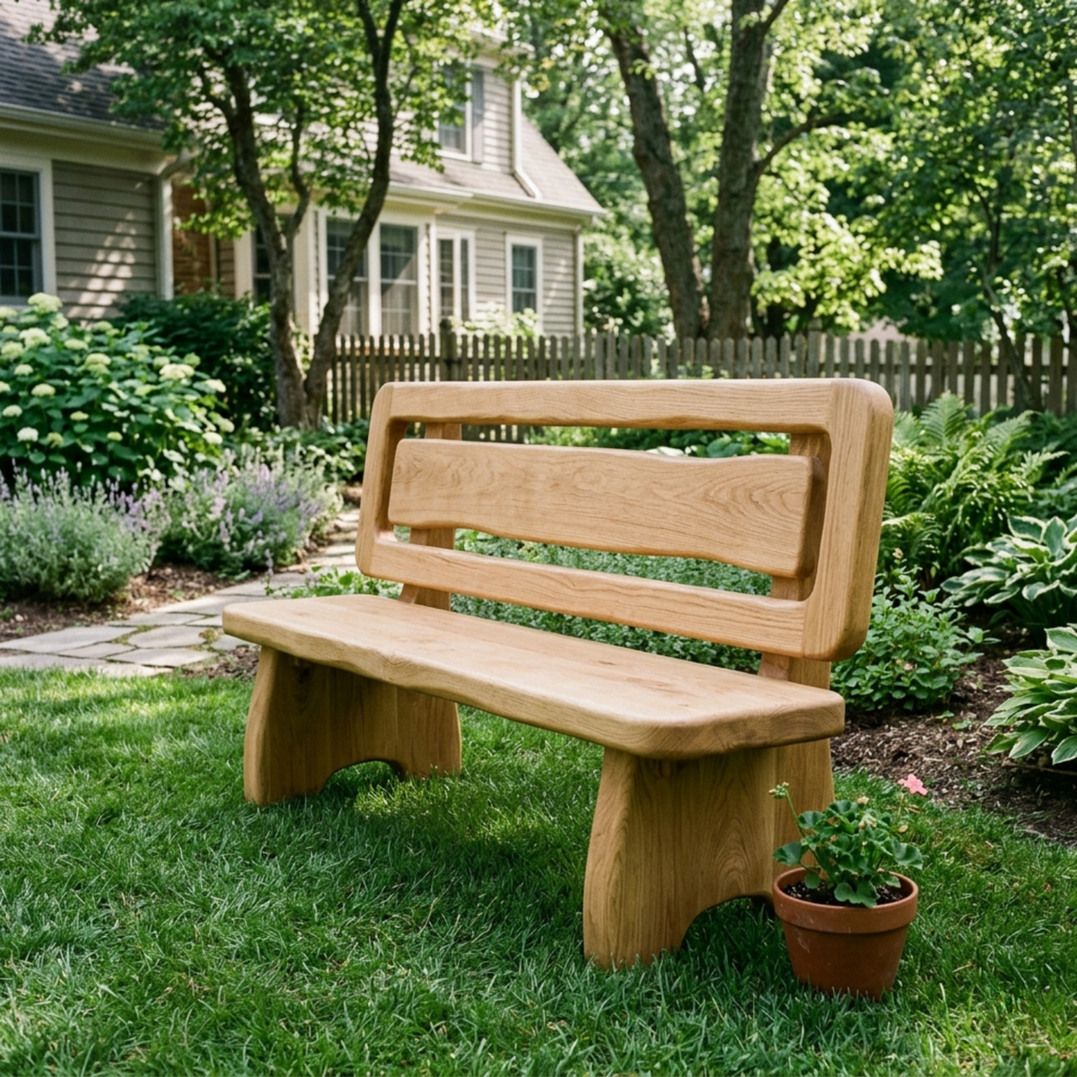 Solid Wood Outdoor Bench with Double Slat Back Modern Garden Patio Seating - view 3 of 7
