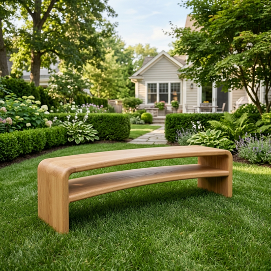 Solid Wood Outdoor Bench with Curved Waterfall Frame and Open Shelf Design - view 1 of 7