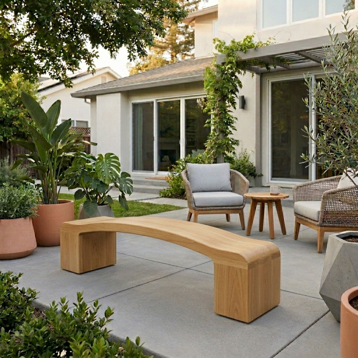 Solid Wood Outdoor Bench Curved Seat with Sculptural Block Legs Minimalist Design - view 1 of 7