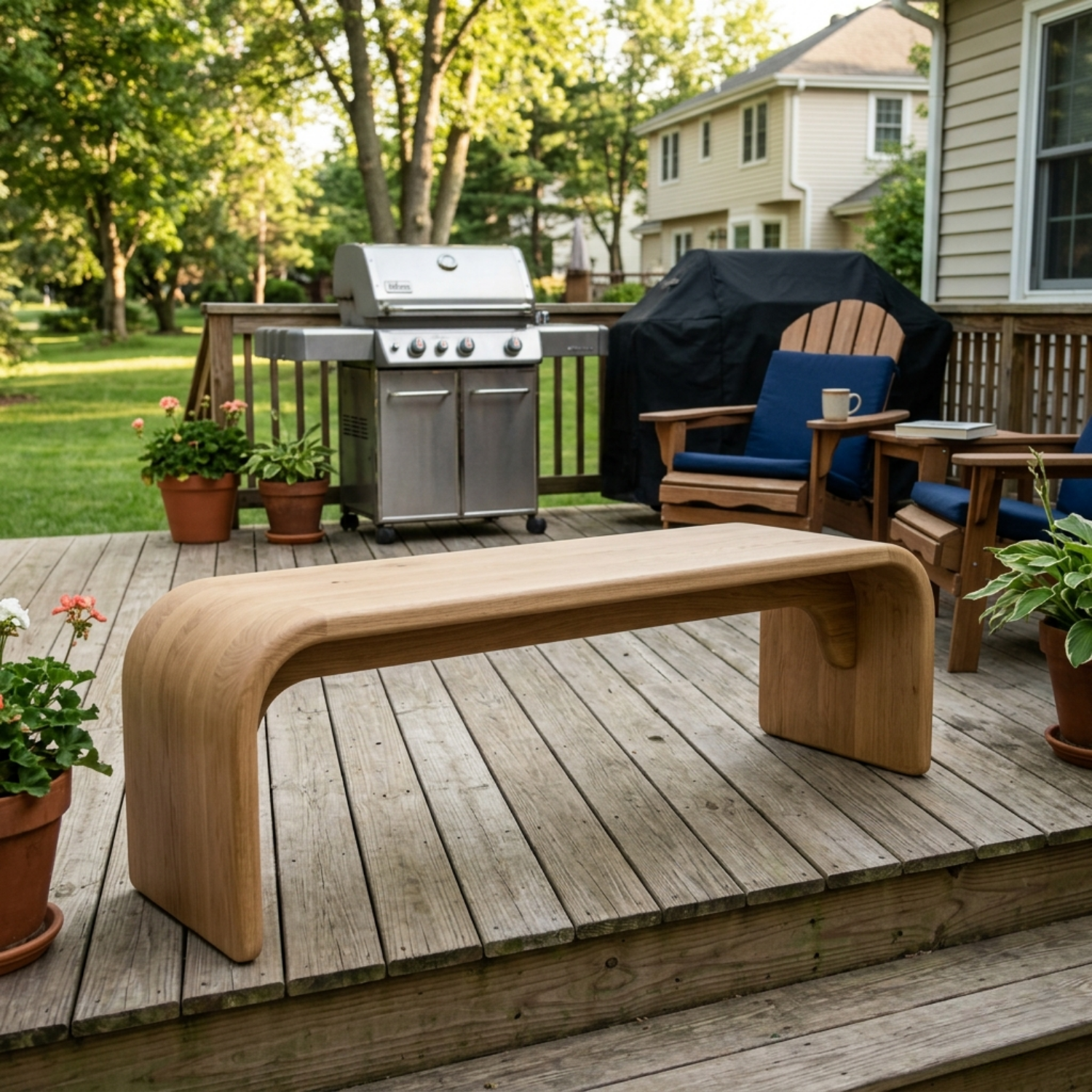 Solid Wood Outdoor Bench with Curved Waterfall Design and Minimalist Profile - view 3 of 7