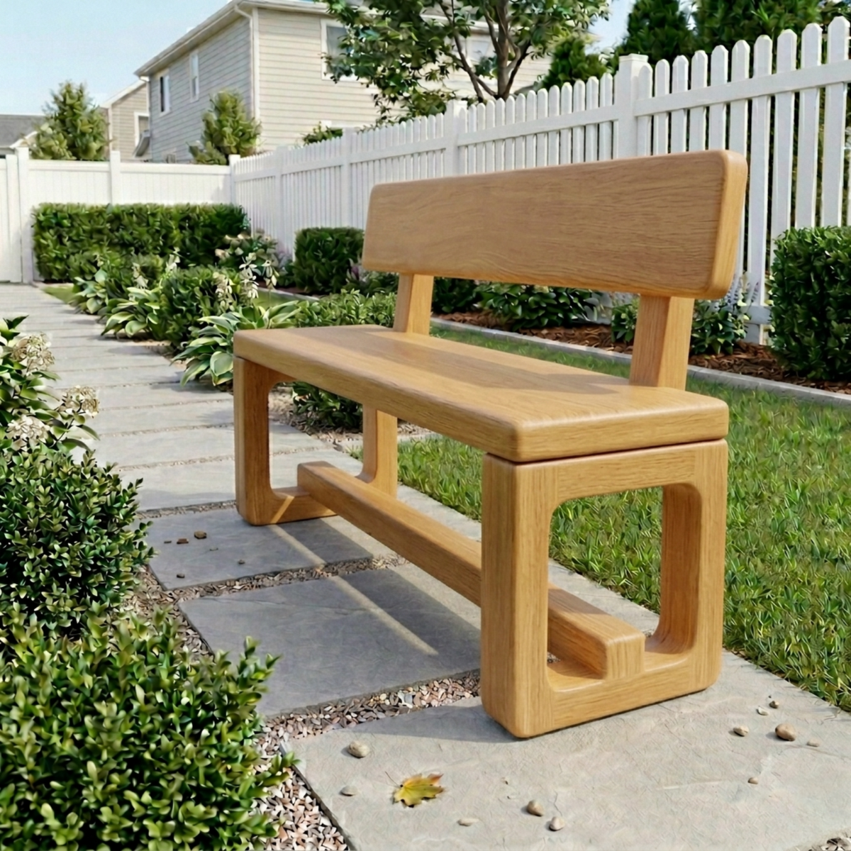 Solid Wood Outdoor Bench with Backrest and Modern Geometric Frame - view 3 of 7