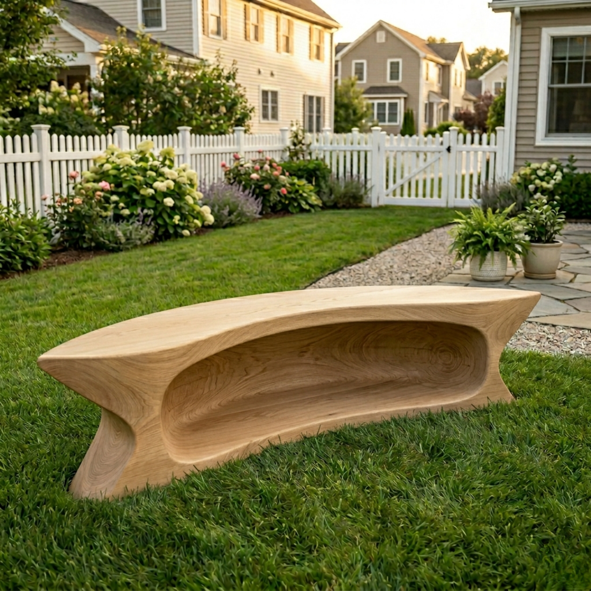 Solid Wood Outdoor Bench with Sculpted Hollow Base and Organic Curved Silhouette - view 1 of 8