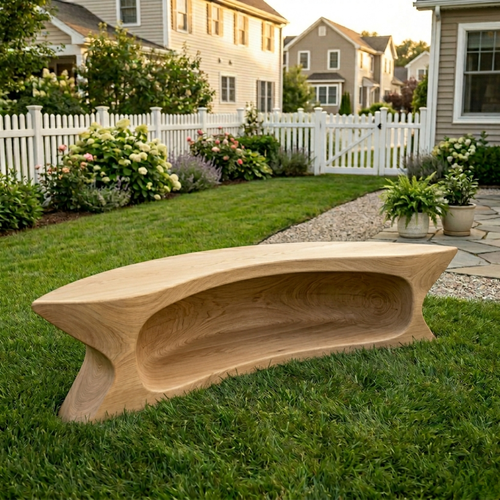 Solid Wood Outdoor Bench with Sculpted Hollow Base and Organic Curved Silhouette - view 1 of 8