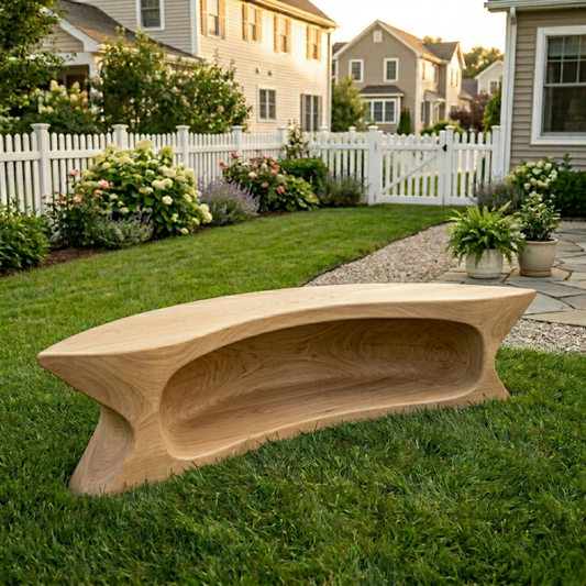 Solid Wood Outdoor Bench with Sculpted Hollow Base and Organic Curved Silhouette - view 1 of 8