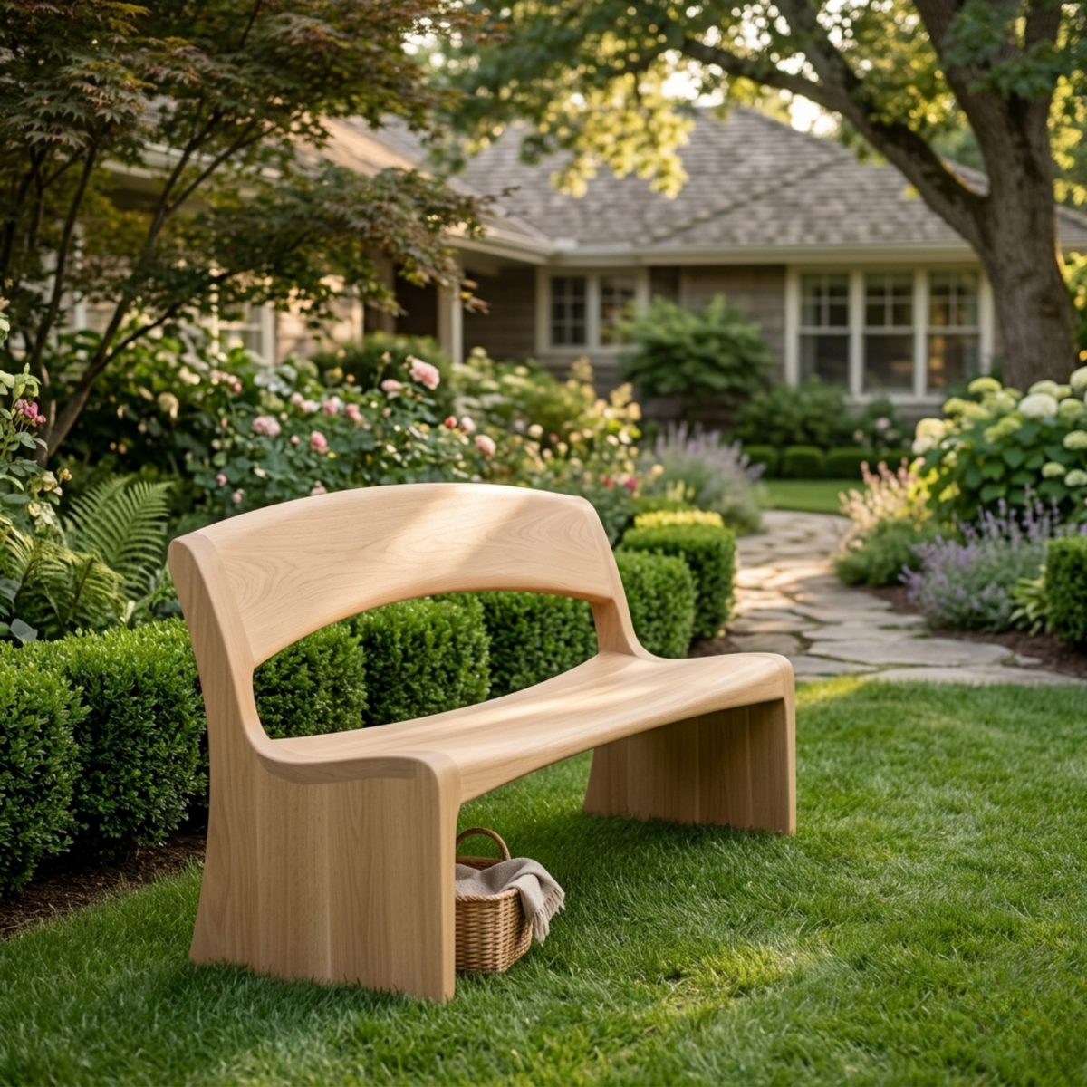 Solid Wood Outdoor Bench with Open Back Curve Modern Patio Garden Seating - view 1 of 7