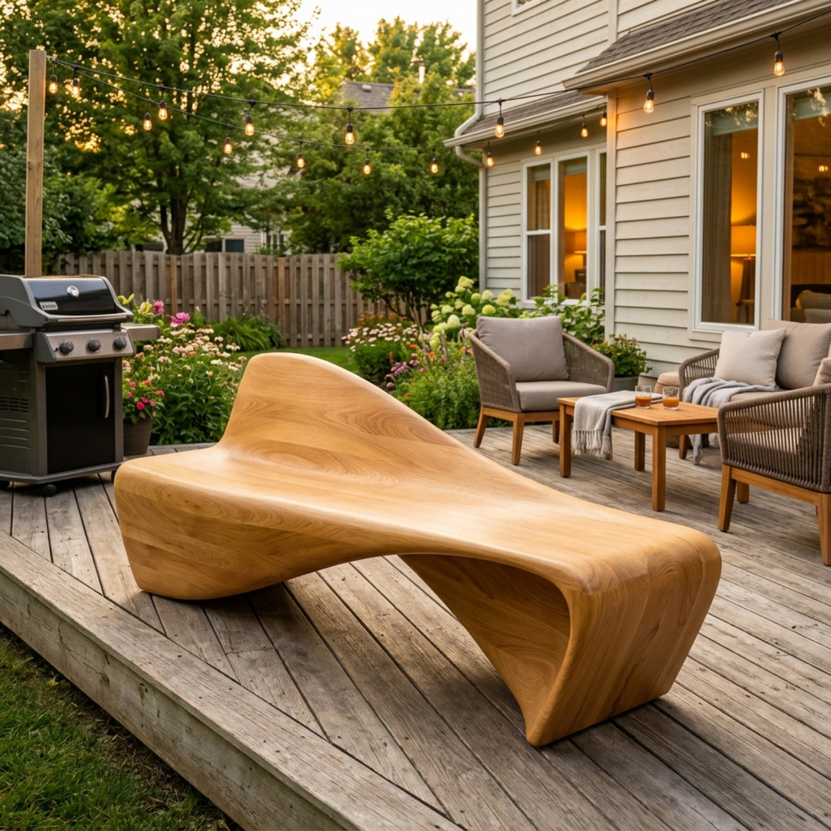 Solid Wood Outdoor Bench Sculptural Lounge Style with Ergonomic Curved Seat - view 3 of 7