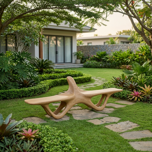 Solid Wood Outdoor Bench Sculptural Organic Form with Curved Flowing Base Design - view 1 of 7