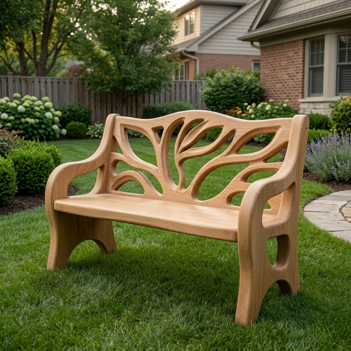 Solid Wood Outdoor Bench with Tree-Inspired Carved Backrest Garden Patio Seating - view 1 of 7