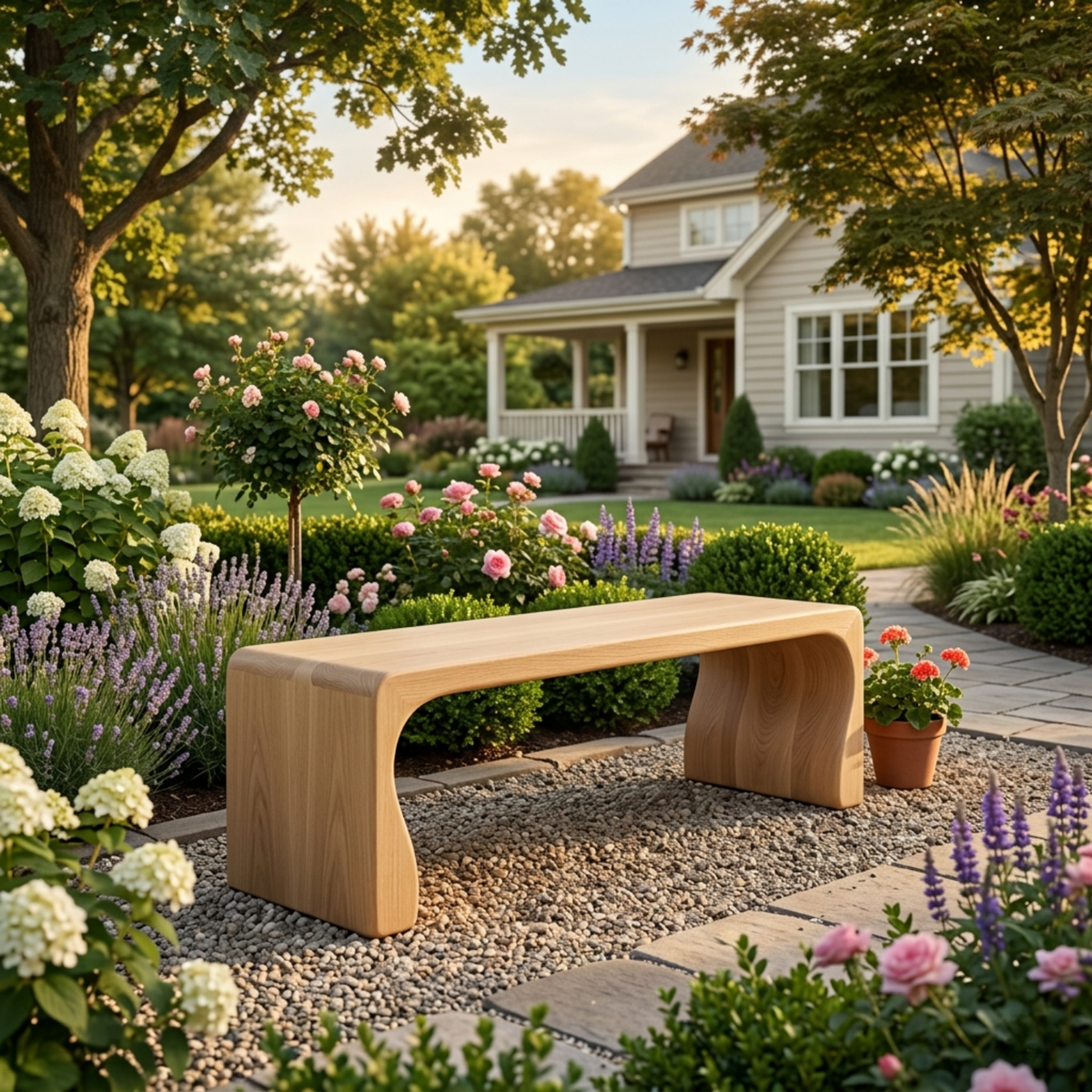 Solid Wood Outdoor Bench with Curved Waterfall Frame and Soft Rounded Edges - view 1 of 7