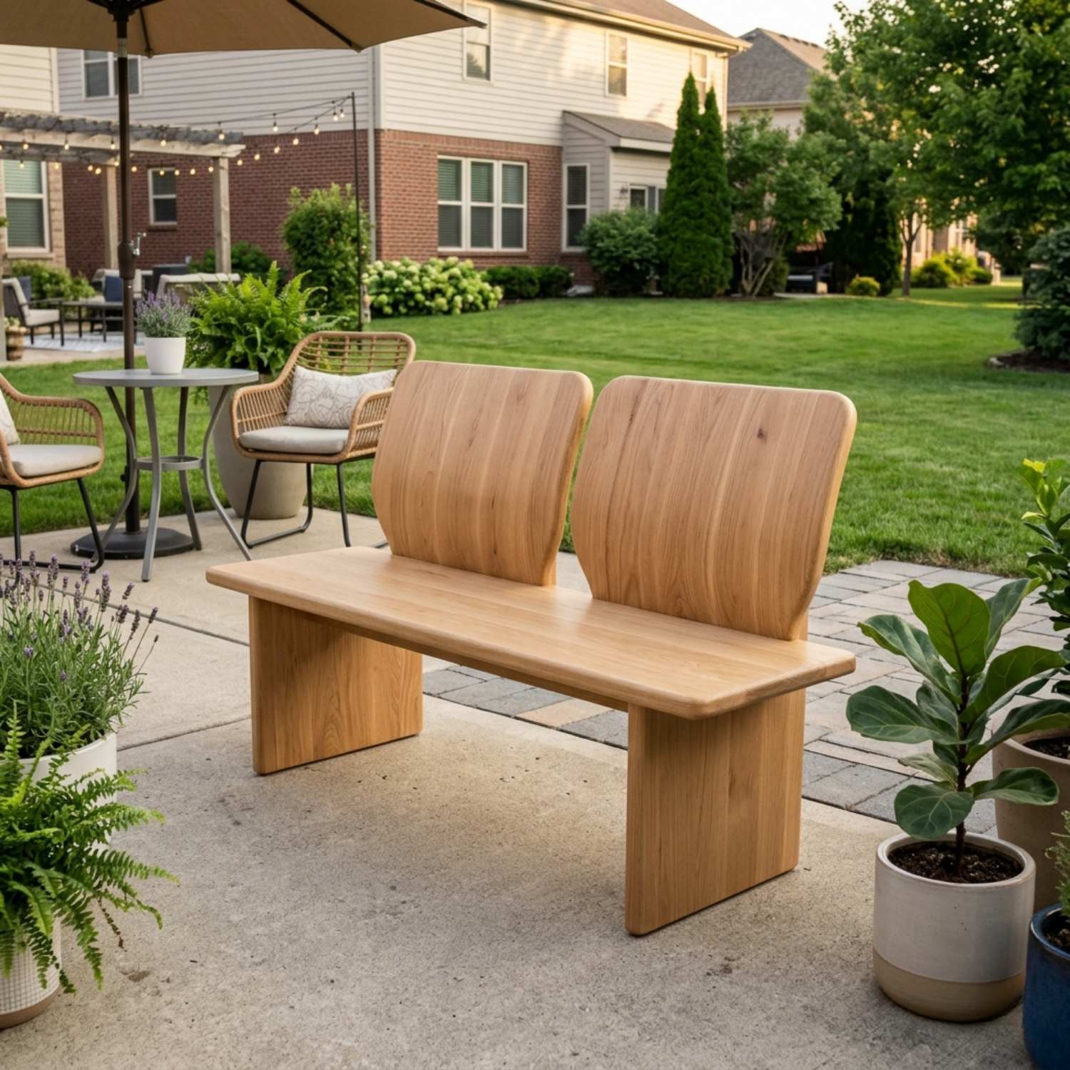 Solid Wood Outdoor Bench with Dual Curved Backrests Modern Sculptural Seating - view 3 of 7