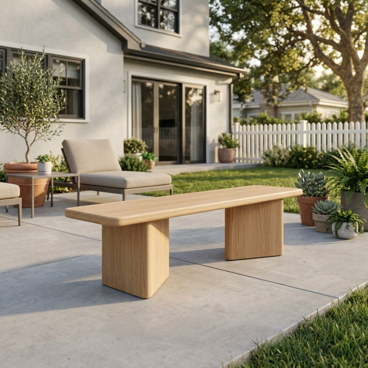 Solid Wood Outdoor Bench Minimalist Slab Seat with Block Leg Base Design - view 1 of 7