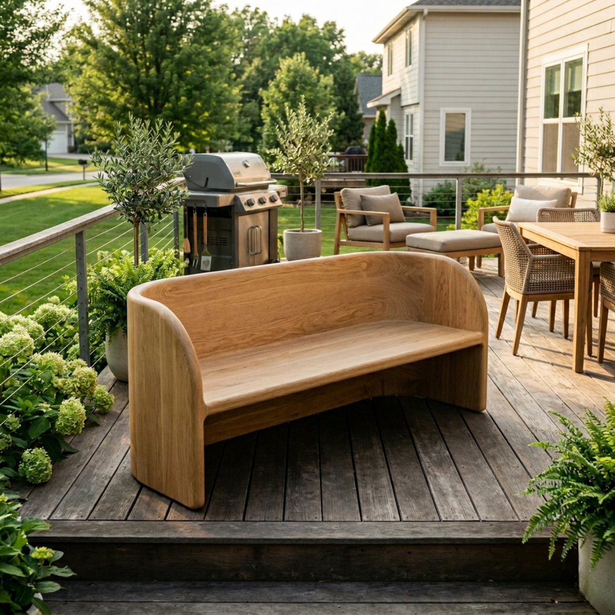 Solid Wood Outdoor Bench with Curved Backrest Sculptural Wraparound Design - view 3 of 7