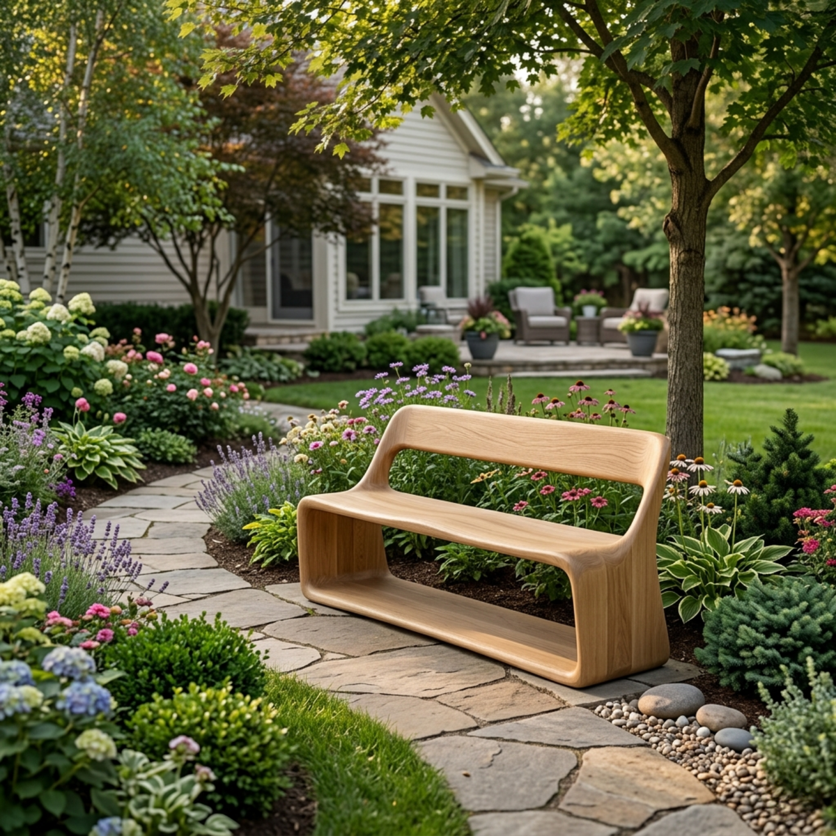 Solid Wood Outdoor Bench with Curved Backrest and Integrated Open Shelf Base - view 3 of 7