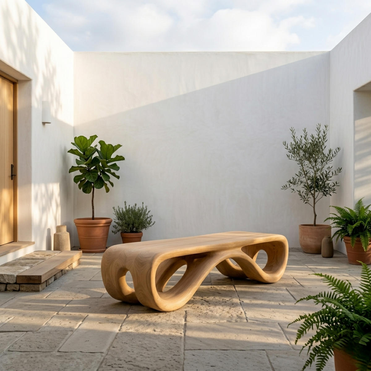 Handcrafted Solid Wood Outdoor Bench Sculptural Curved Base Organic Modern Minimal Design - view 3 of 8