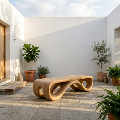 Handcrafted Solid Wood Outdoor Bench Sculptural Curved Base Organic Modern Minimal Design - view 3 of 8