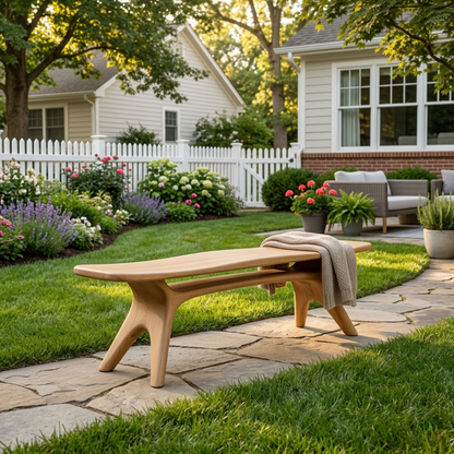 Solid Wood Outdoor Bench with Sculptural Tapered Legs and Floating Seat Design - view 4 of 8