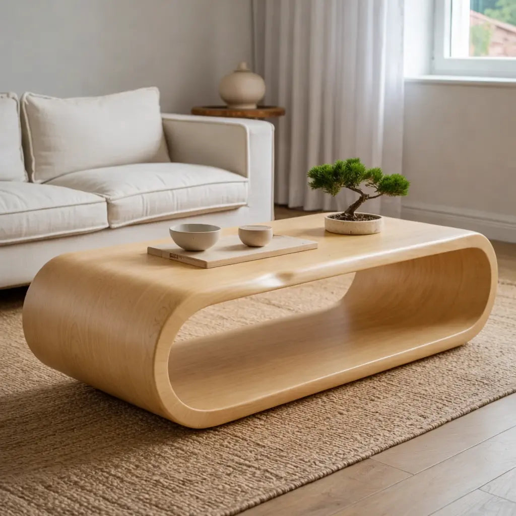 Sculptural Walnut Coffee Table with Curved Design and Open Shelf, Modern Living Room Decor - view 5 of 9