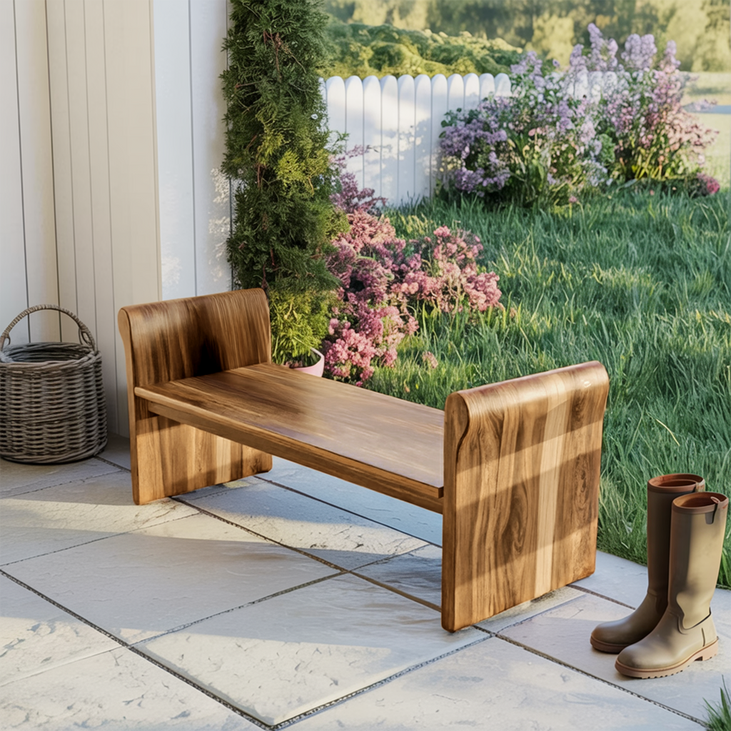 Contemporary Wood Bench With Rounded Armrests For Porch Or Garden - view 5 of 8