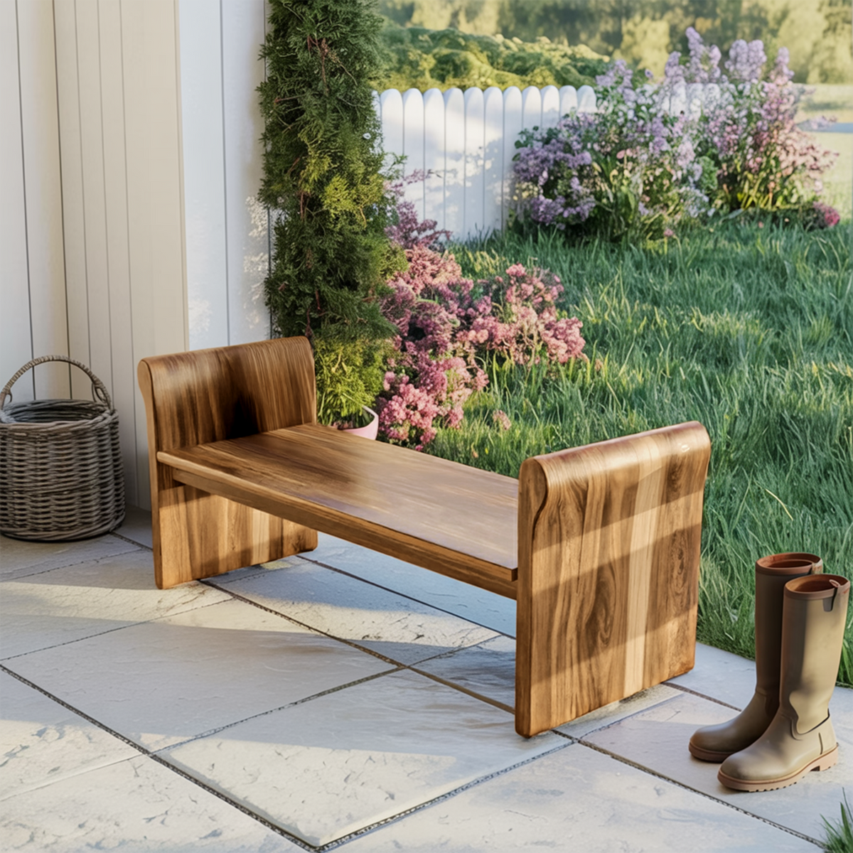 Contemporary Wood Bench With Rounded Armrests For Porch Or Garden - view 5 of 8