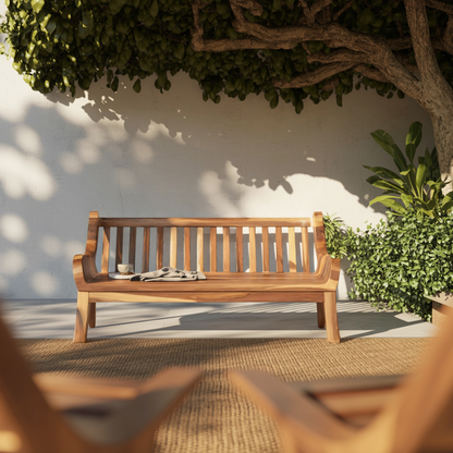 Contemporary Outdoor Wooden Bench With Curved Armrests For Garden Or Porch - view 2 of 8