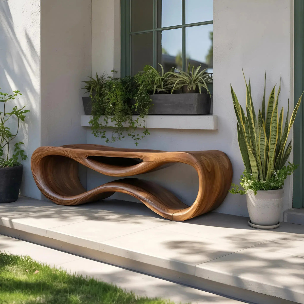 Contemporary Sculptural Outdoor Bench For Patio Or Garden Decor - view 2 of 8