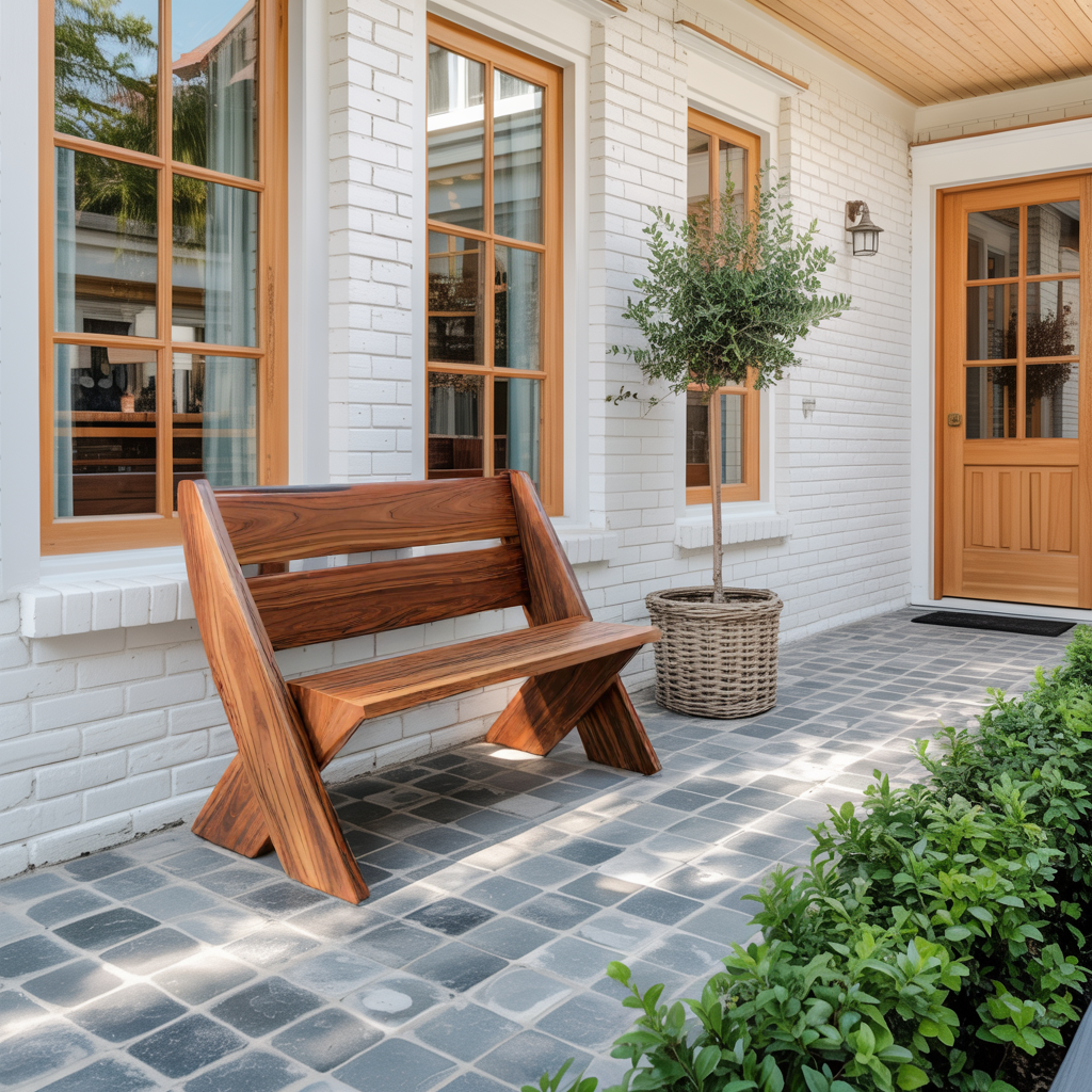 Modern Outdoor Bench With Angled Legs For Garden Patio And Backyard - view 3 of 8